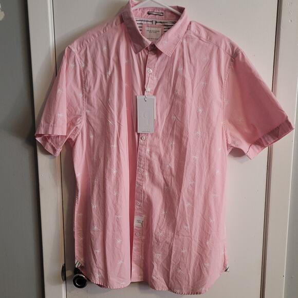 NWT DENIM & FLOWER Pink Palm Tree Print Poplin Shirt XL Short Sleeve 100% Cotton - Picture 1 of 11